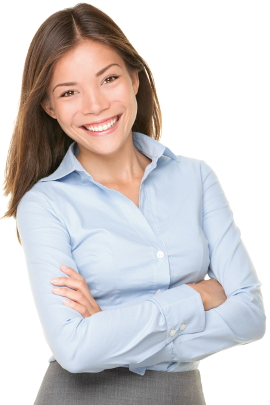 Smiling Asian Caucasian Business Woman. Businesswoman in blue shirt smiling looking at camera. Beautiful young mixed race woman professional isolated on white background.